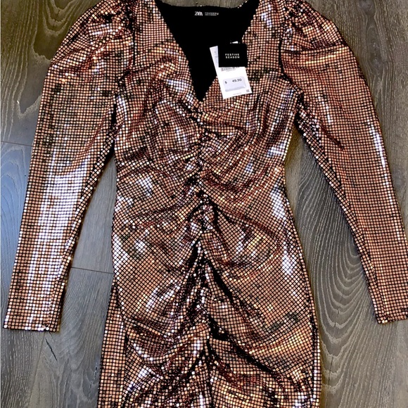 ZARA Rose Gold Holiday Christmas New Year’s Dress Bodycon NWT - Picture 1 of 3